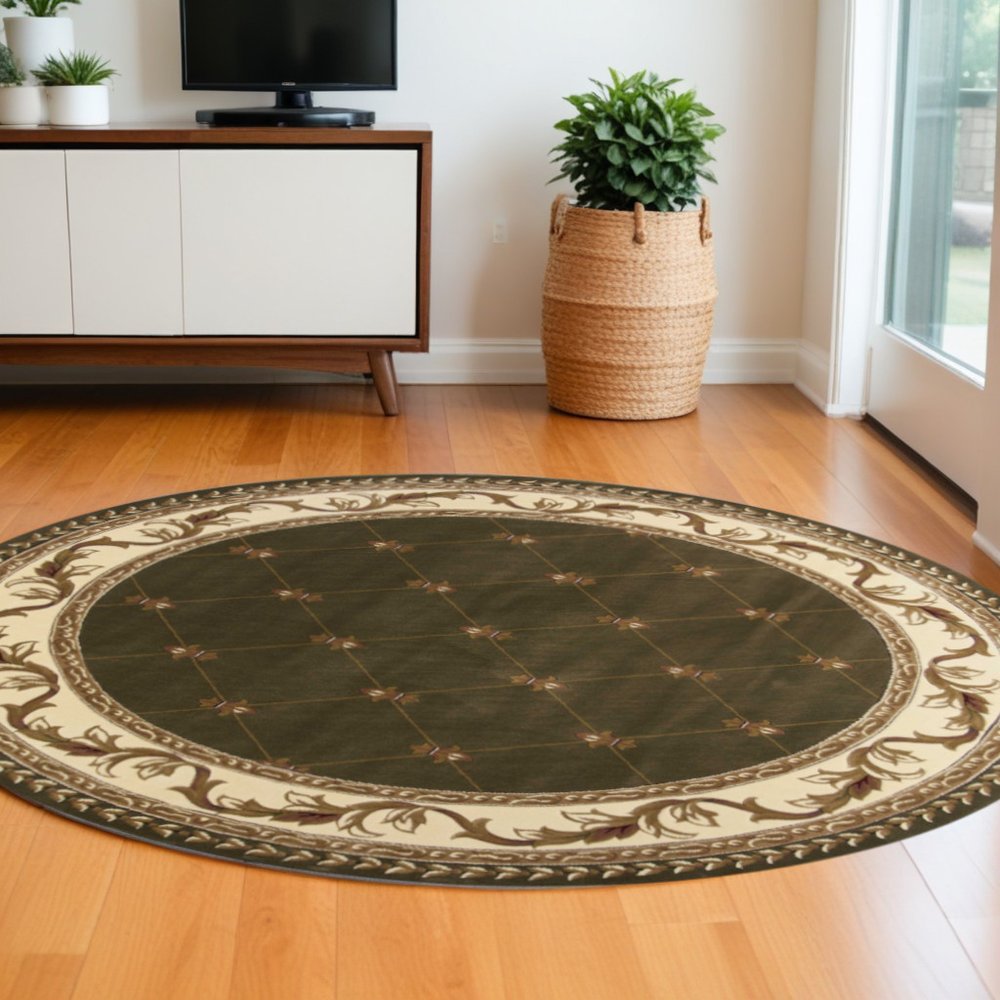 3' X 5' Dark Green Ivory And Brown Floral Vines Area Rug