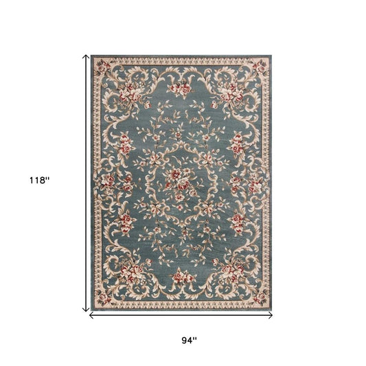 8' Slate Blue Red And Ivory Floral Medallion Runner Rug