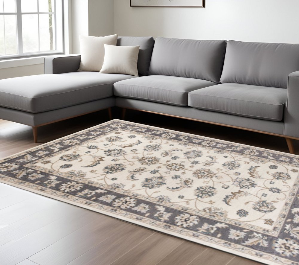 8' Gray And Ivory Floral Medallion Runner Rug