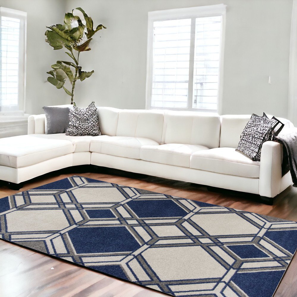 5' X 8' Blue Ivory And Gray Geometric Area Rug