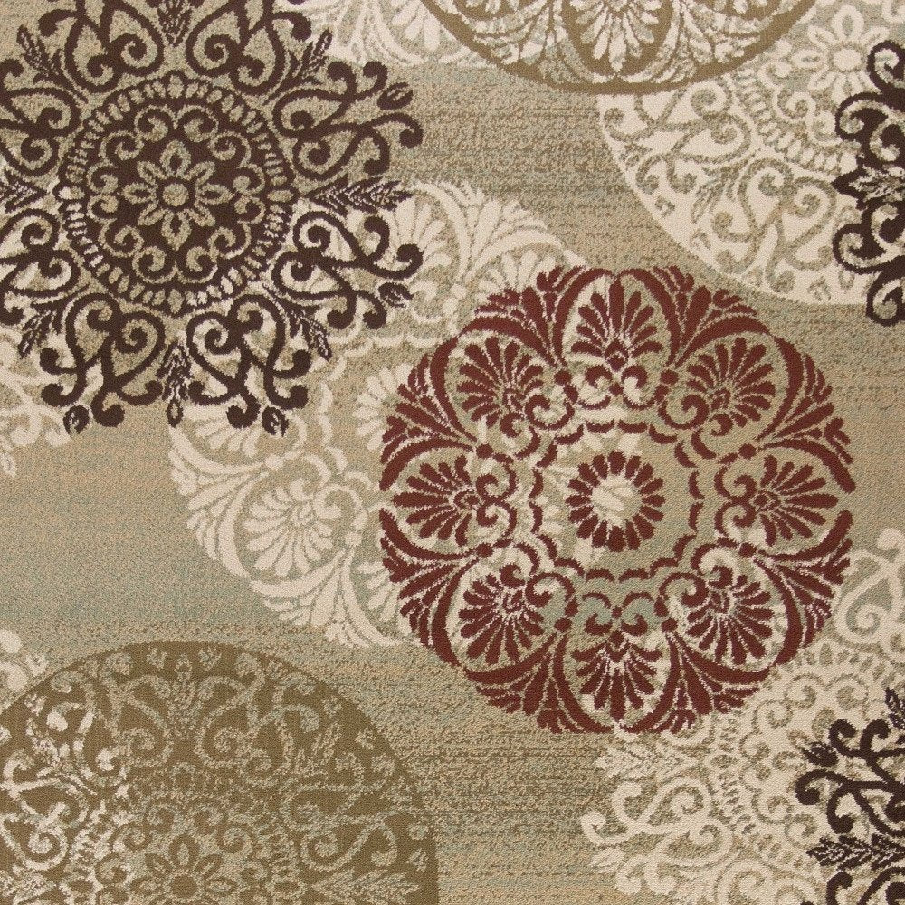 5' X 8' Sage Brown And Ivory Floral Medallion Area Rug