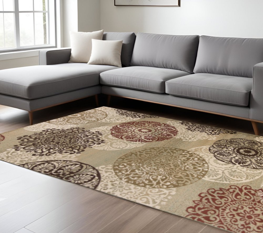 5' X 8' Sage Brown And Ivory Floral Medallion Area Rug