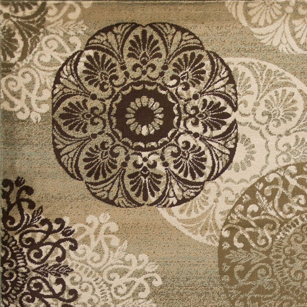 5' X 8' Sage Brown And Ivory Floral Medallion Area Rug