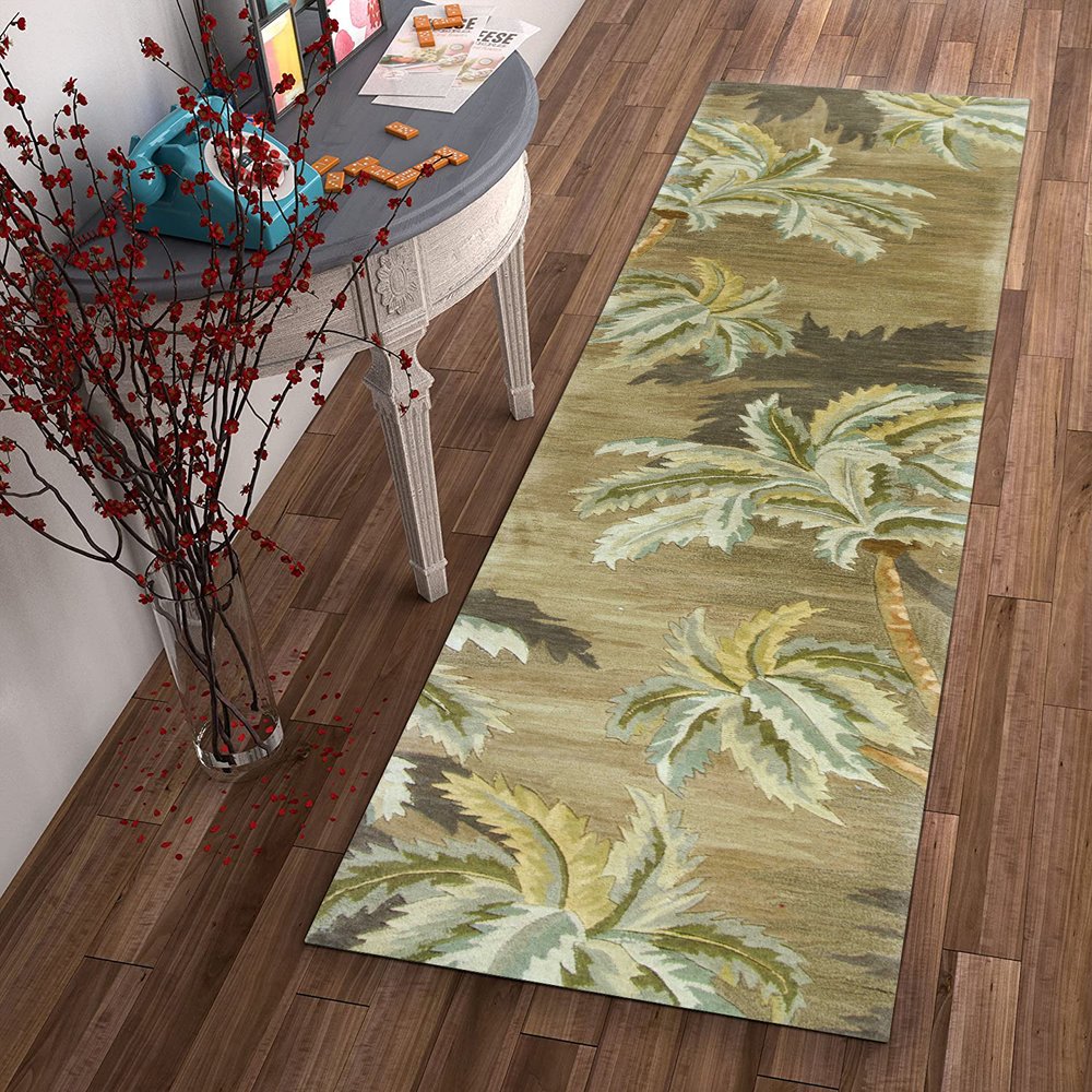 5' X 8' Moss Green And Yellow Wool Tropical Botanical Hand Tufted Area Rug
