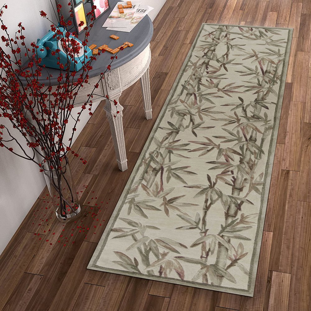 5' X 8' Ivory Green And Brown Wool Botanical Leaves Hand Tufted Area Rug
