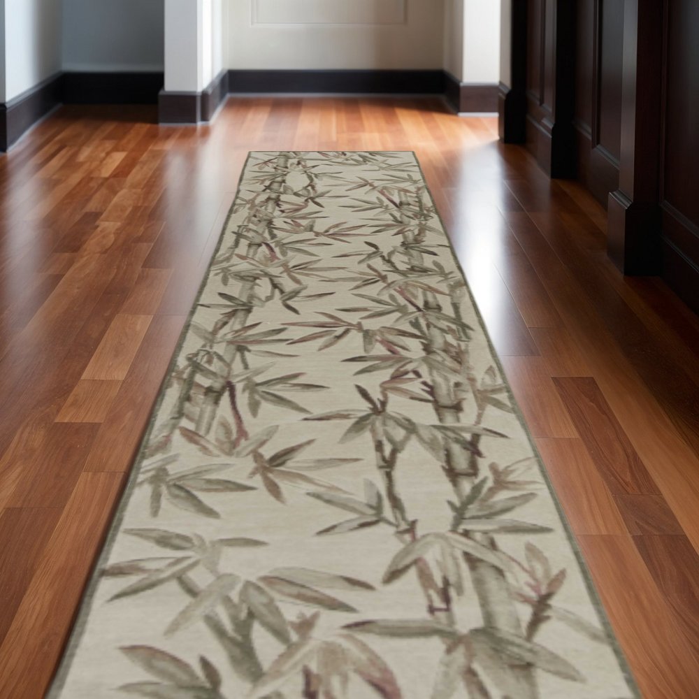 5' X 8' Ivory Green And Brown Wool Botanical Leaves Hand Tufted Area Rug