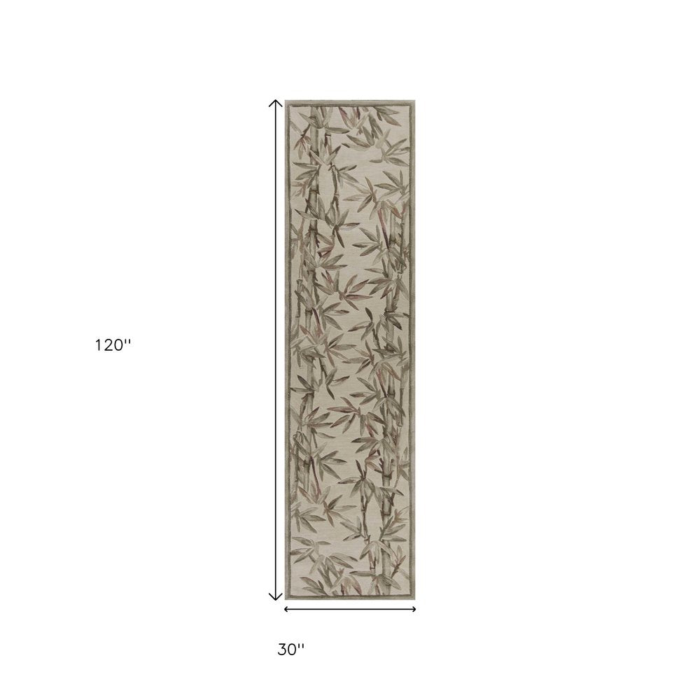 5' X 8' Ivory Green And Brown Wool Botanical Leaves Hand Tufted Area Rug