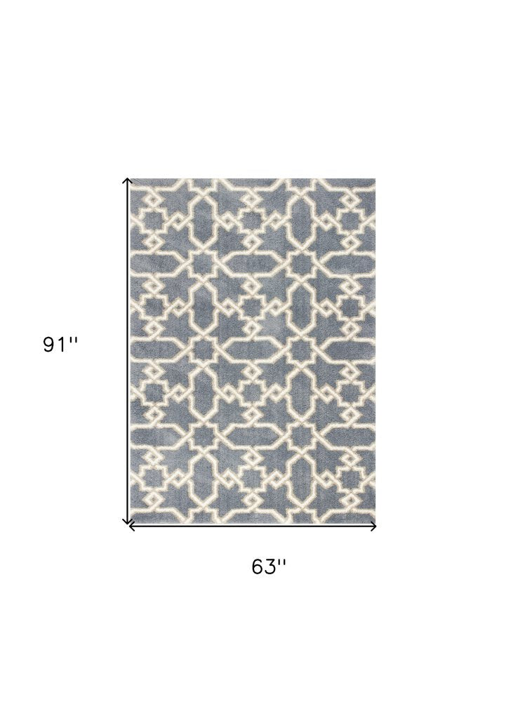 5' X 8' Slate Blue And Ivory Geometric Area Rug