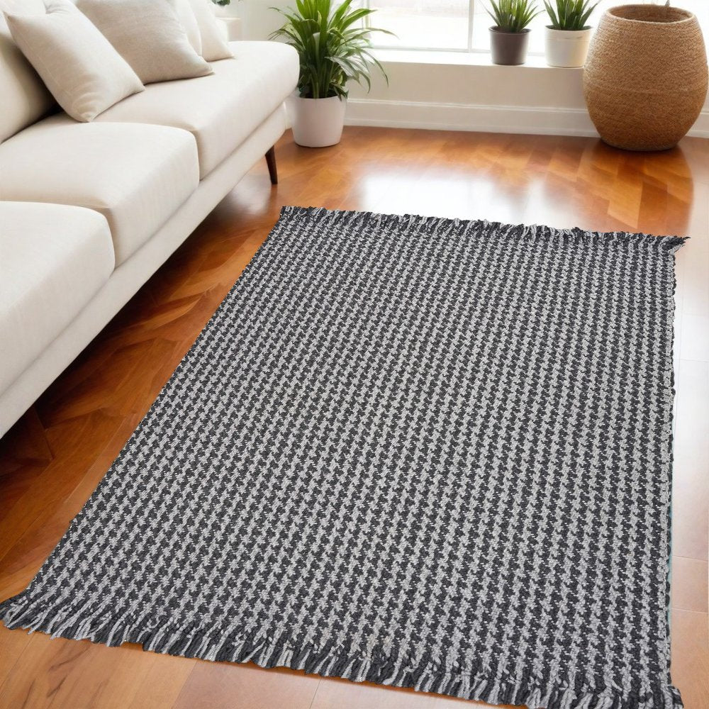3' X 5' Gray And Light Gray Wool Houndstooth Hand Woven Area Rug