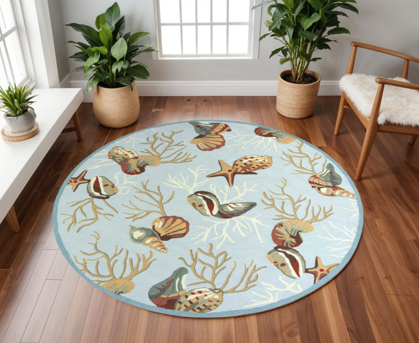 2' X 4' Blue Beige And Green Seashell and Coral Hand Tufted Area Rug