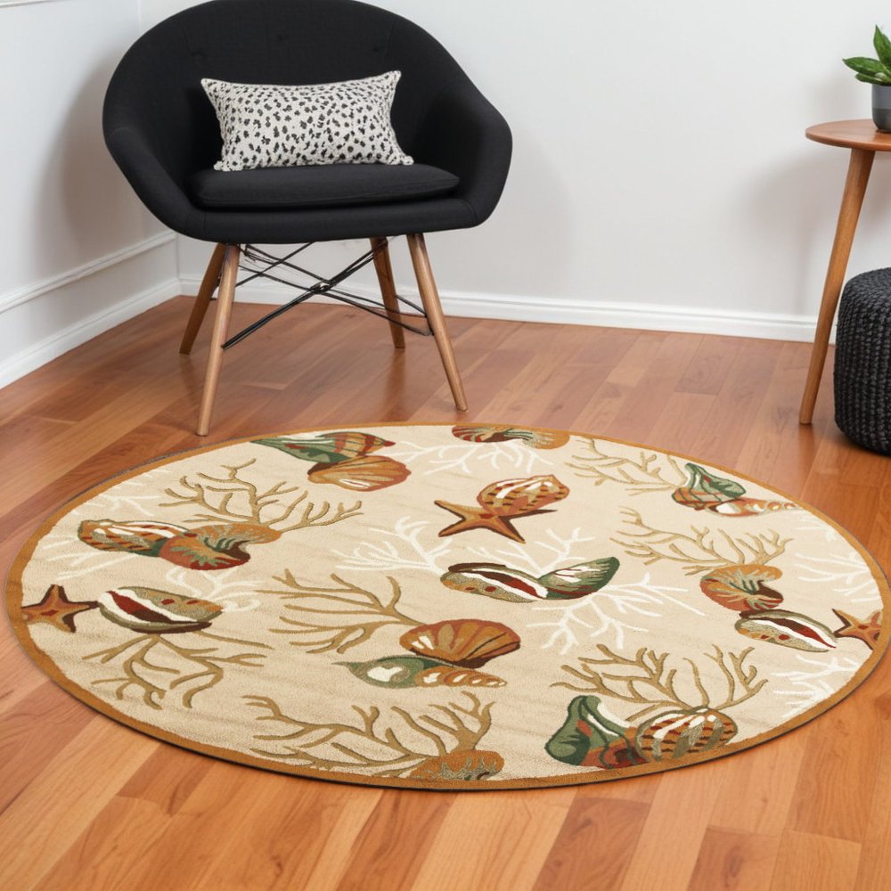 2' X 3' Beige Green And Brown Seashell and Coral Hand Tufted Area Rug