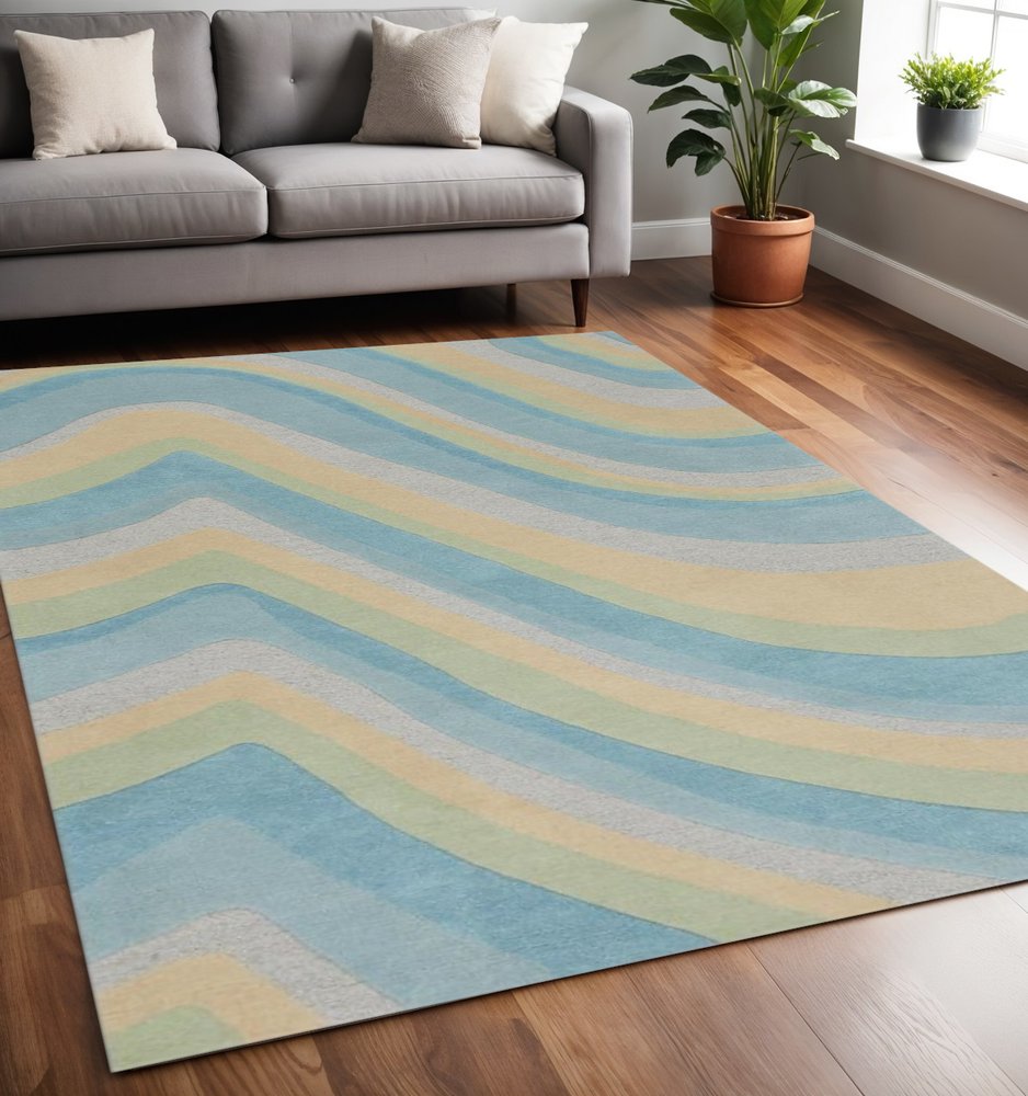 5' X 8' Blue Beige And Green Wool Abstract Hand Tufted Area Rug