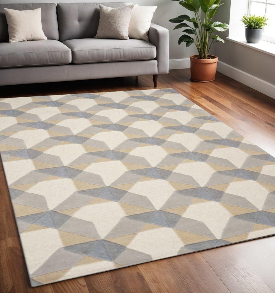 5' X 8' Ivory Gray And Cream Wool Geometric Hand Tufted Area Rug