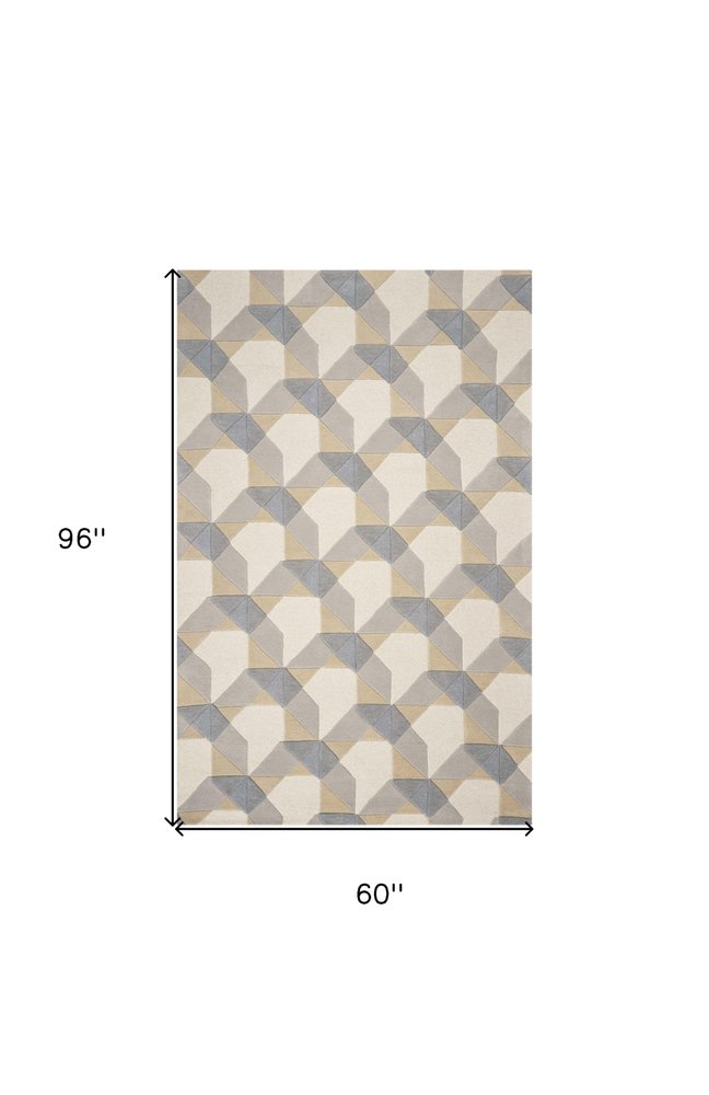 5' X 8' Ivory Gray And Cream Wool Geometric Hand Tufted Area Rug