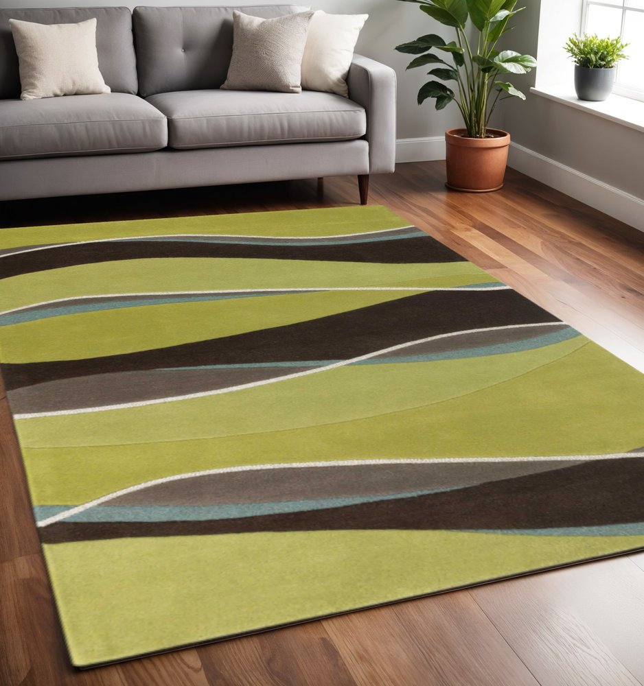 5' X 8' Lime Green Brown And Blue Wool Abstract Hand Tufted Area Rug