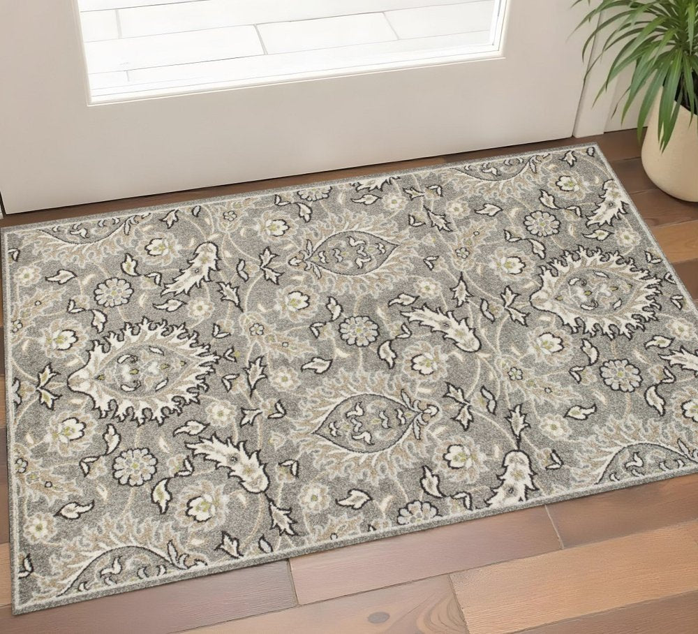 2' X 4' Gray And Ivory Floral Medallion Area Rug