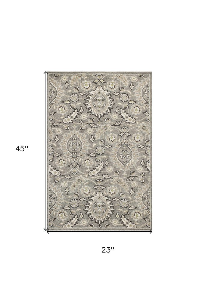2' X 4' Gray And Ivory Floral Medallion Area Rug
