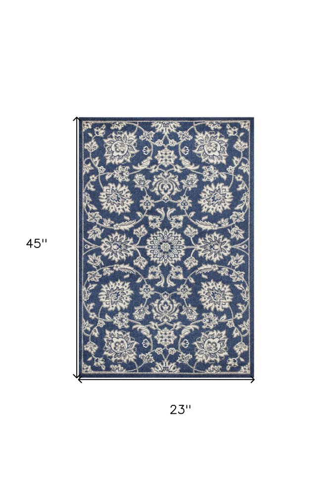 2' X 3' Blue And Ivory Floral Medallion Area Rug