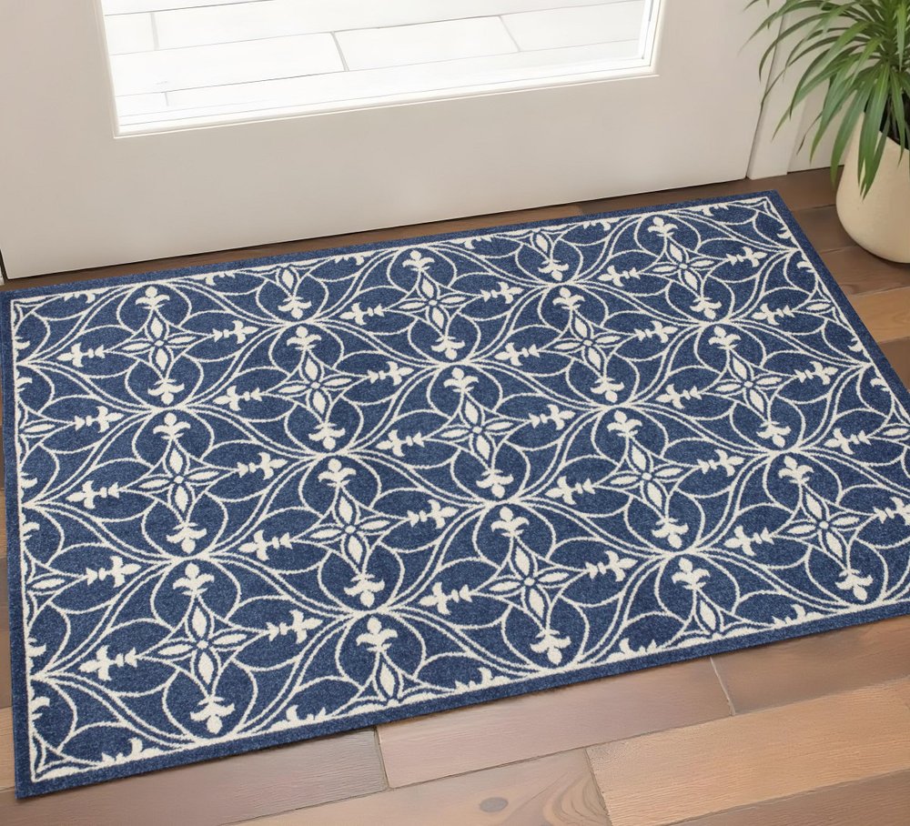2' X 3' Blue And Ivory Floral Medallion Area Rug
