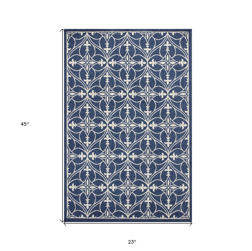 2' X 3' Blue And Ivory Floral Medallion Area Rug