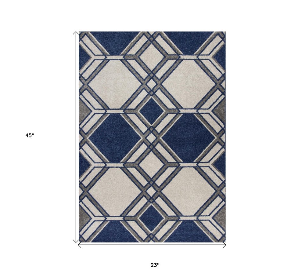 5' X 8' Blue Ivory And Gray Geometric Area Rug