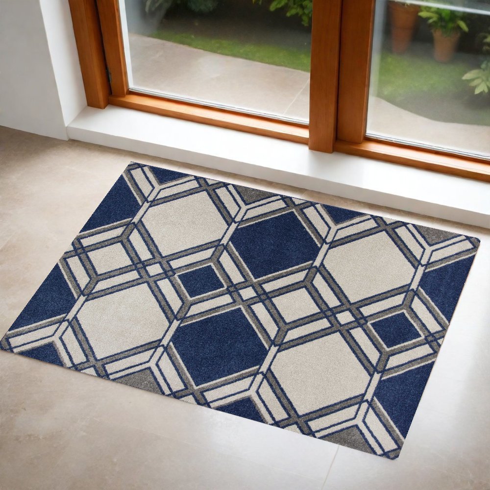 5' X 8' Blue Ivory And Gray Geometric Area Rug