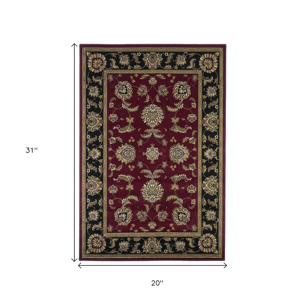 7' Red Black And Gold Floral Medallion Octagon Rug