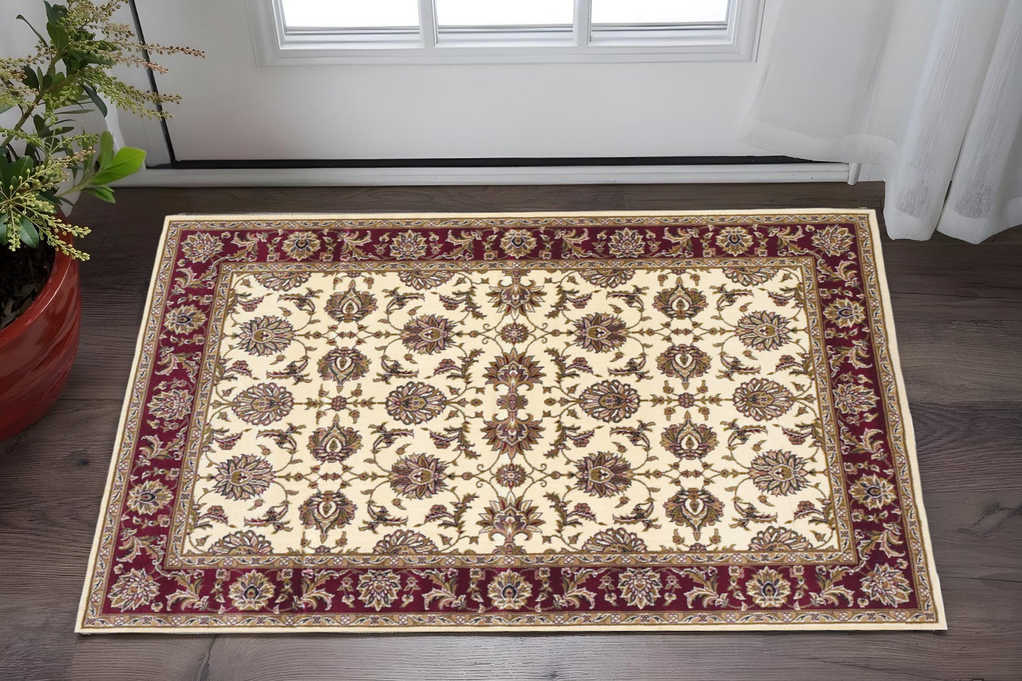 3' X 5' Red Ivory And Brown Floral Medallion Area Rug