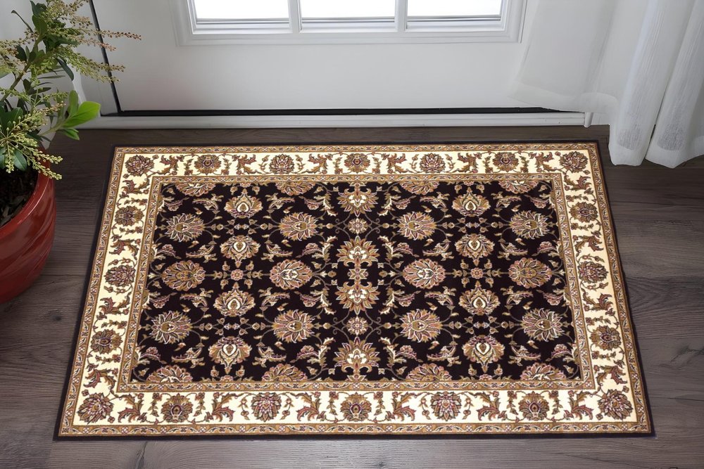 5' X 8' Black Ivory And Brown Floral Medallion Area Rug