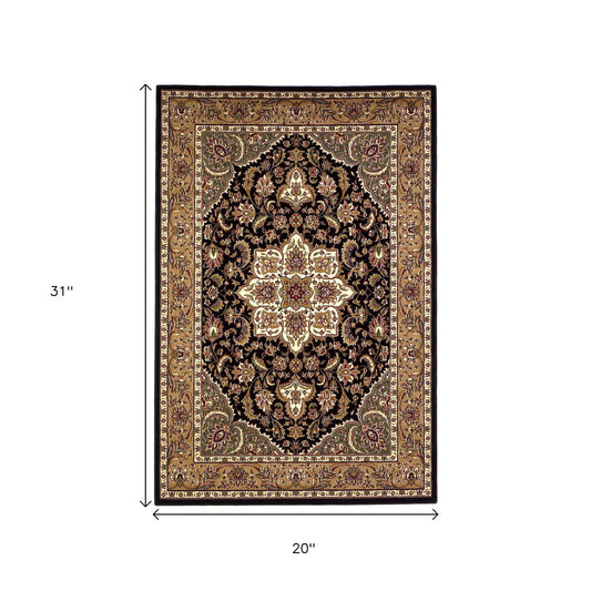 3' X 5' Black And Beige Floral Medallion Area Rug