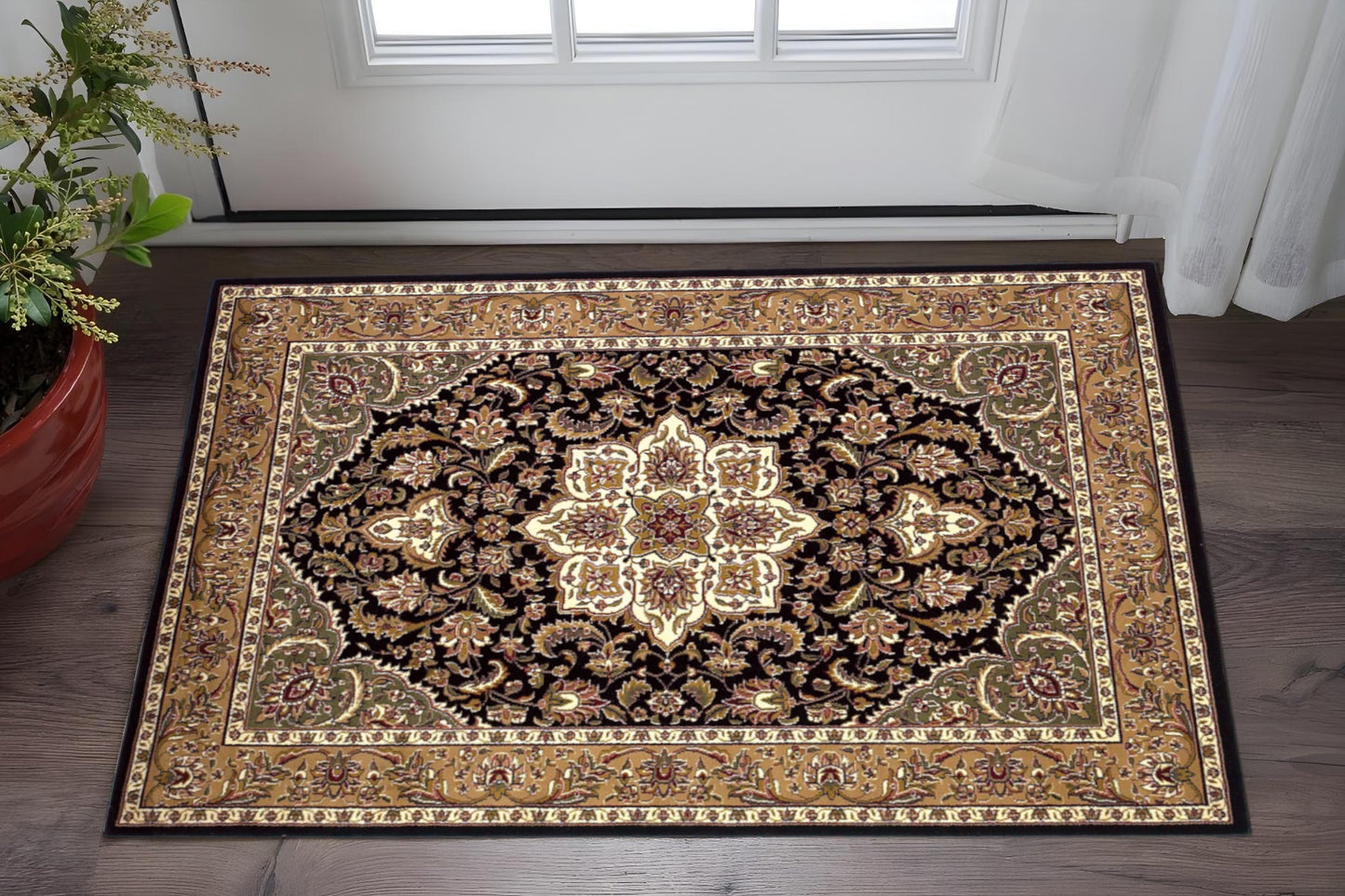 3' X 5' Black And Beige Floral Medallion Area Rug