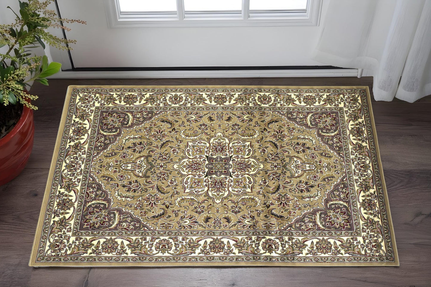 8' Beige And Ivory Floral Medallion Octagon Rug