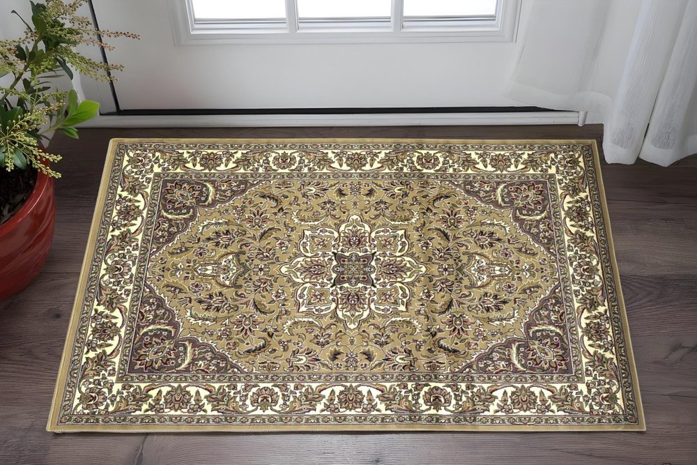 8' Beige And Ivory Floral Medallion Octagon Rug