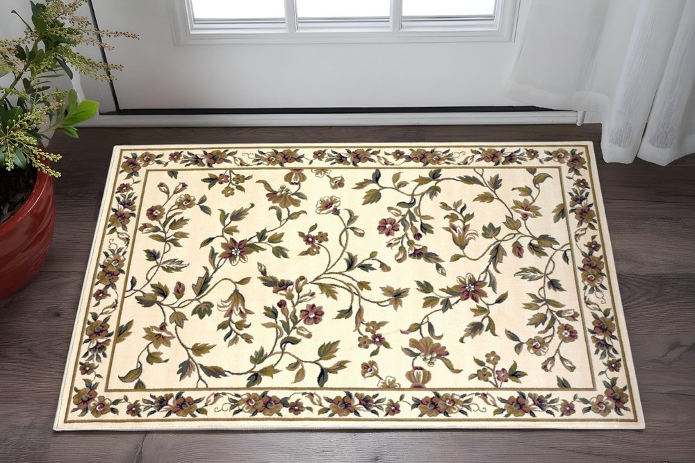 2' X 3' Ivory Green And Red Floral Vines Area Rug