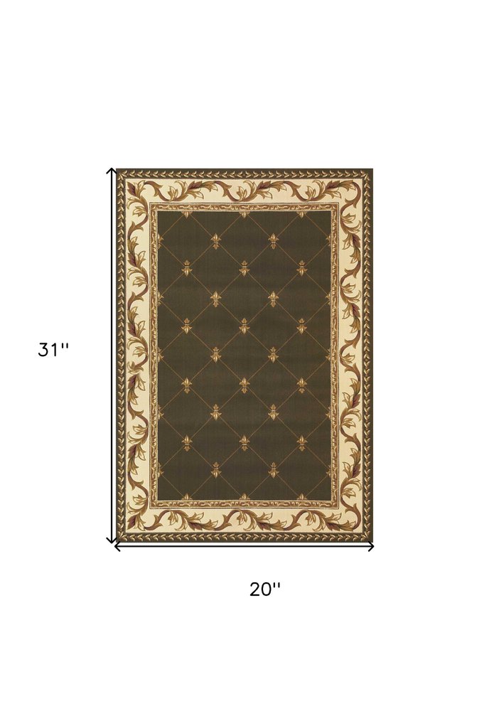 3' X 5' Dark Green Ivory And Brown Floral Vines Area Rug