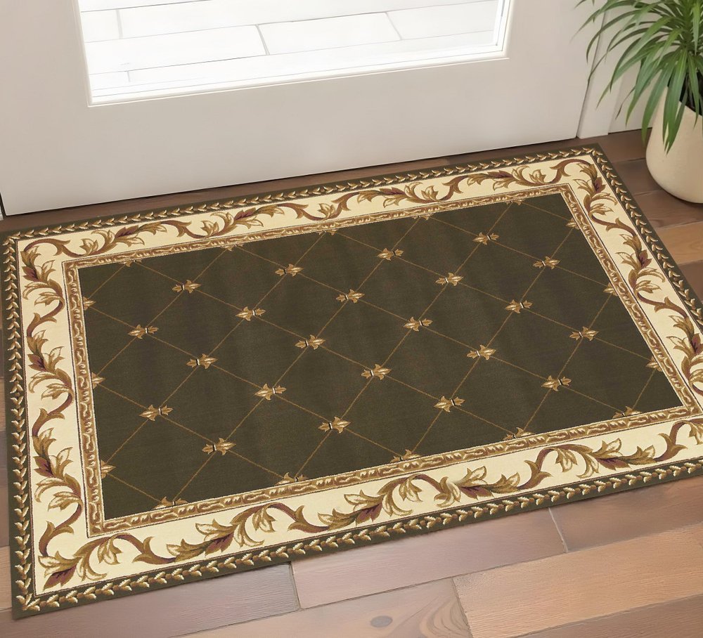 3' X 5' Dark Green Ivory And Brown Floral Vines Area Rug