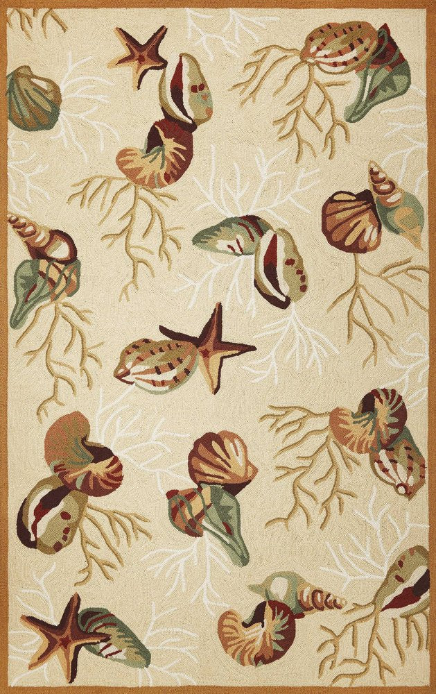 2' X 3' Beige Green And Brown Seashell and Coral Hand Tufted Area Rug