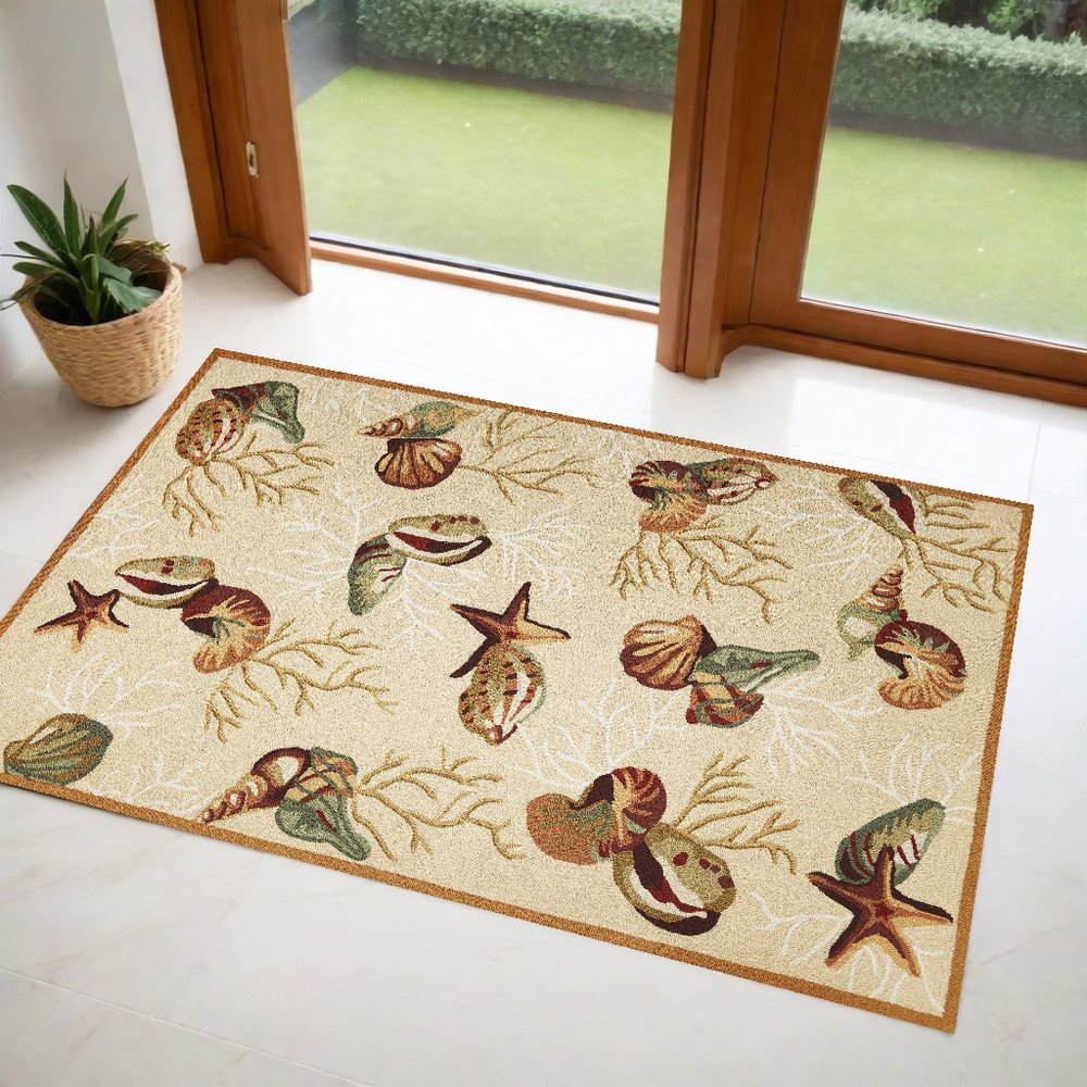 2' X 3' Beige Green And Brown Seashell and Coral Hand Tufted Area Rug
