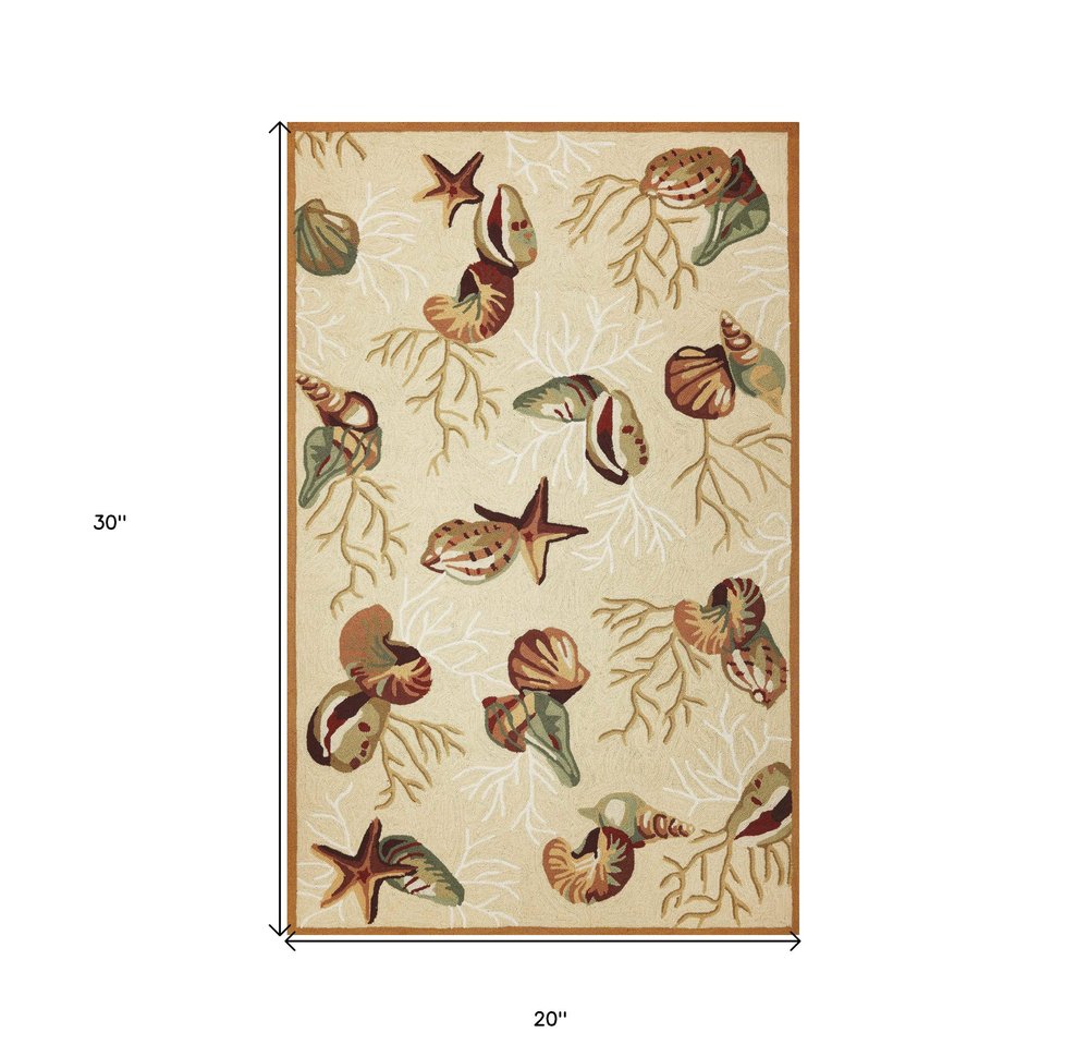 2' X 3' Beige Green And Brown Seashell and Coral Hand Tufted Area Rug