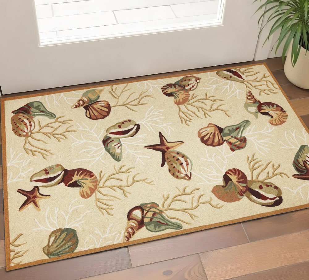 2' X 3' Beige Green And Brown Seashell and Coral Hand Tufted Area Rug