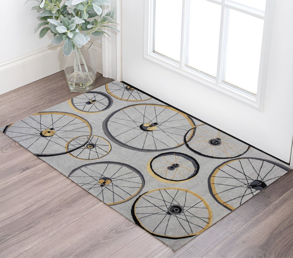 7' Gray Black And Yellow Abstract Geometric Hand Tufted Runner Rug