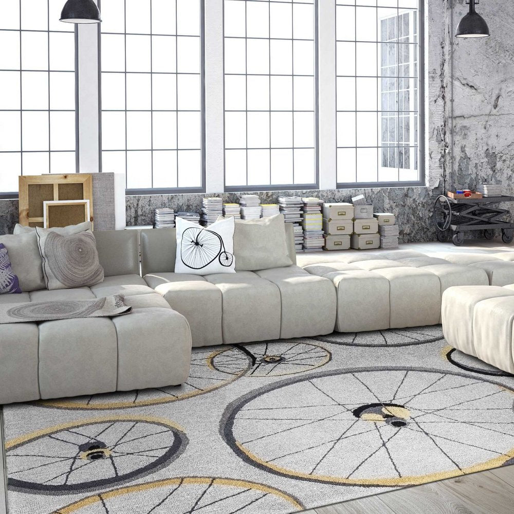 7' Gray Black And Yellow Abstract Geometric Hand Tufted Runner Rug