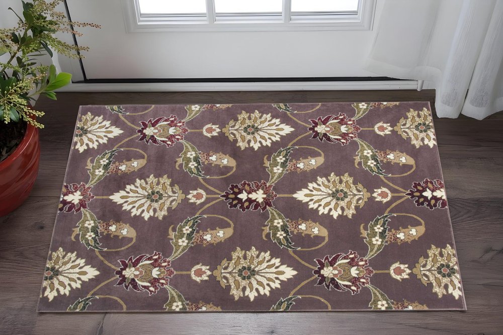 7' Purple Ivory And Brown Floral Octagon Rug