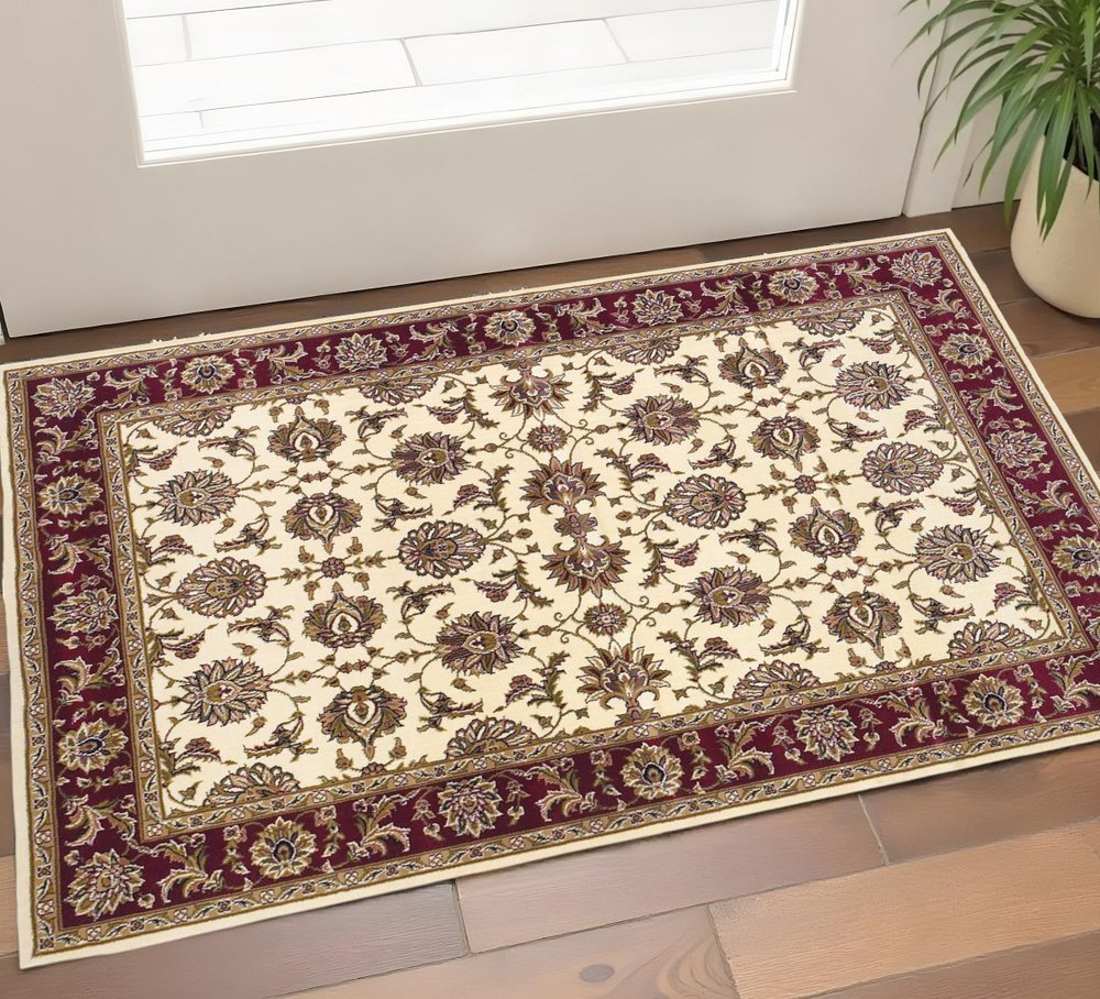 3' X 5' Red Ivory And Brown Floral Medallion Area Rug