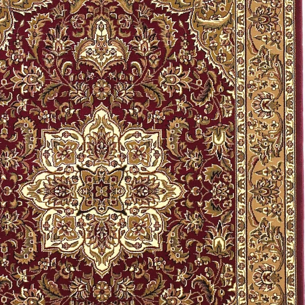7' Red And Beige Floral Medallion Octagon Rug