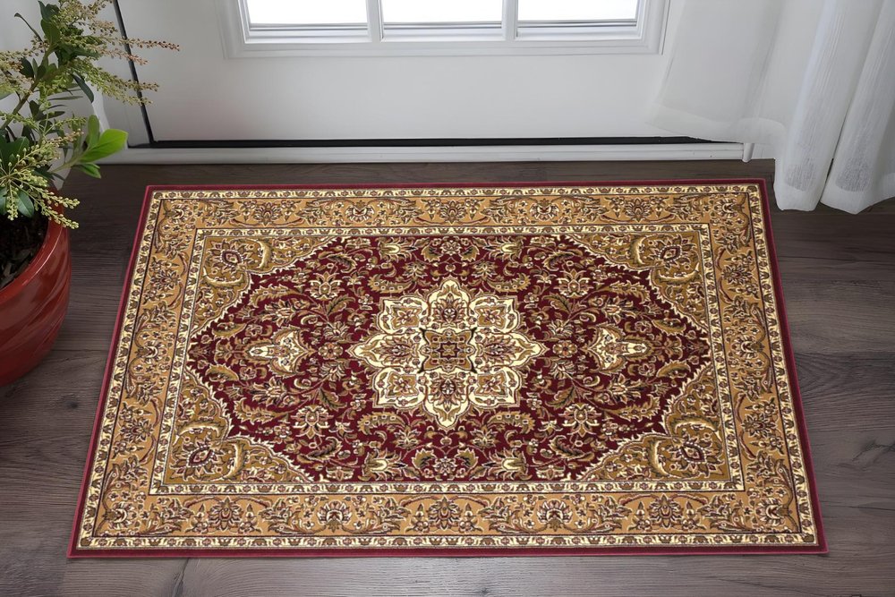 7' Red And Beige Floral Medallion Octagon Rug