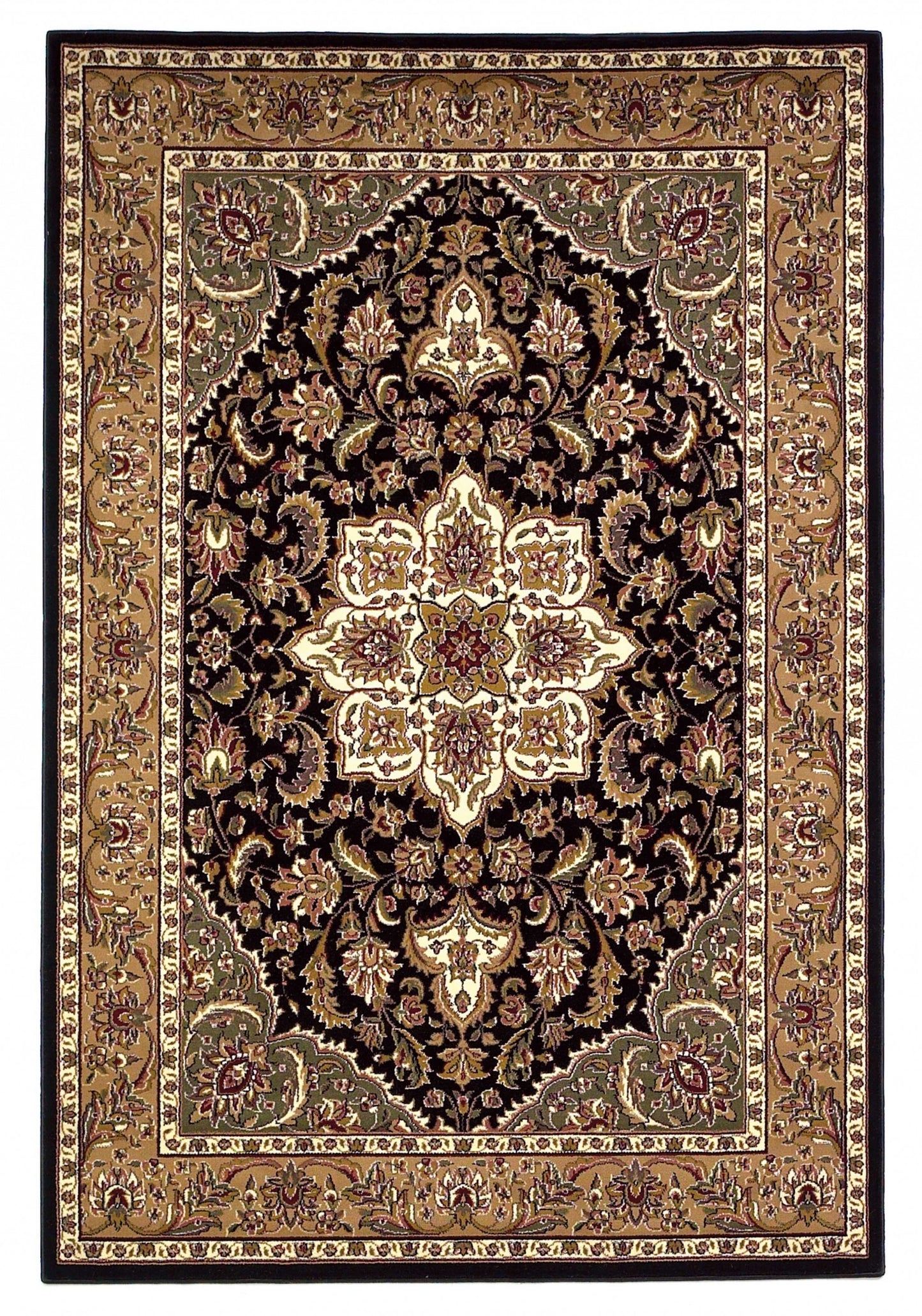 3' X 5' Black And Beige Floral Medallion Area Rug