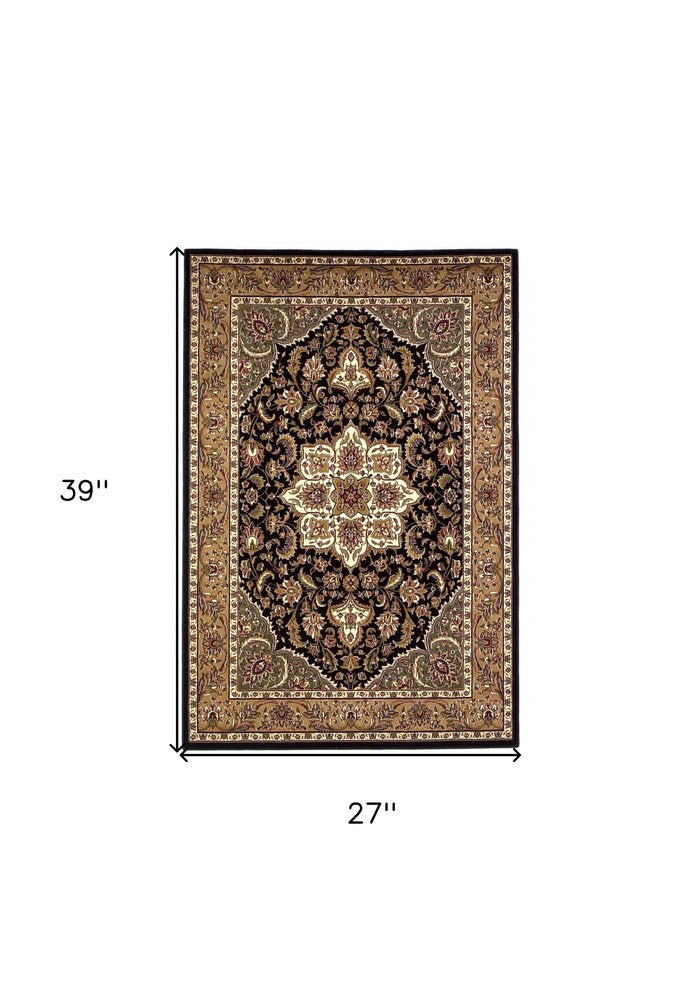 3' X 5' Black And Beige Floral Medallion Area Rug