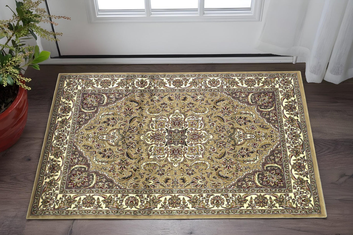 8' Beige And Ivory Floral Medallion Octagon Rug