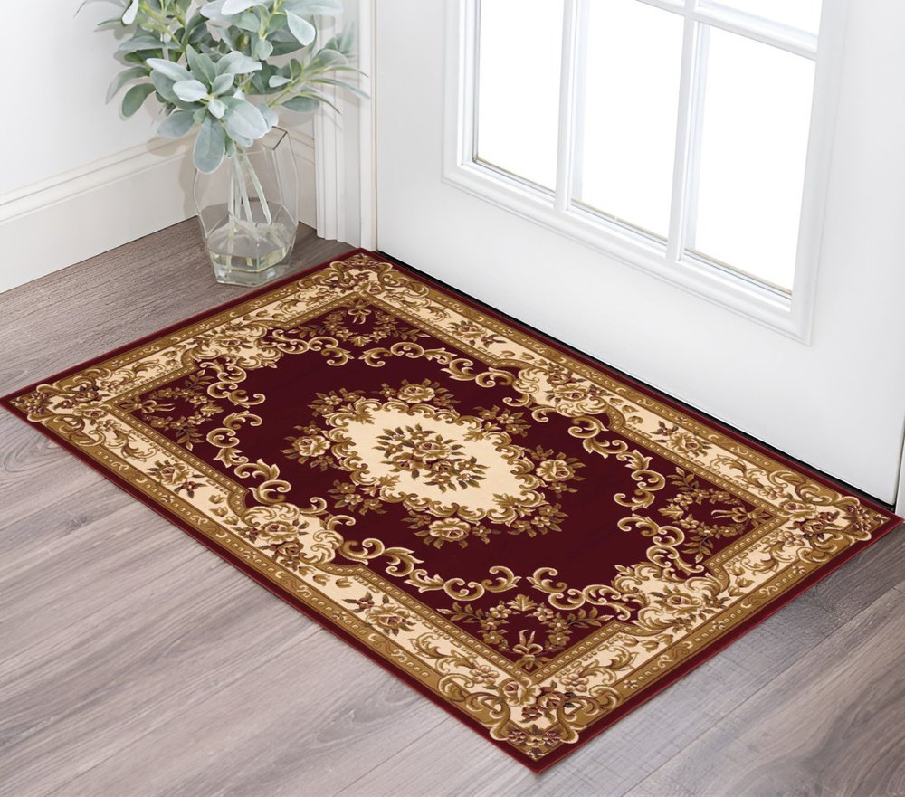 3' X 5' Red and Ivory Floral Border Area Rug